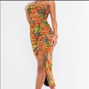 Multi Snake Print Mesh Strappy Cowl Neck Ruched Skirt Midi Dress